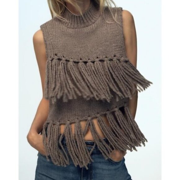 Zara sz M Sweater Vest Knit Sleeveless Top with Fringe Brown Grey EUC - Picture 2 of 13